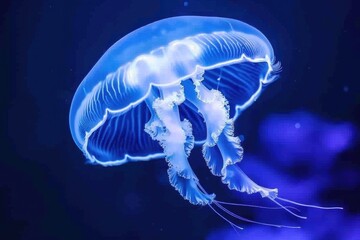 Vibrant jellyfish gracefully gliding through the deep blue ocean waters, showcasing its luminous tentacles