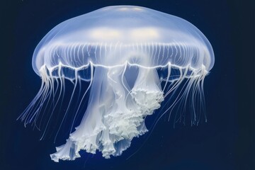 Vibrant jellyfish gracefully gliding through the deep blue ocean waters, showcasing its luminous tentacles