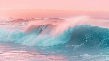 Tranquil beach scene in soft pastel pink and blue tones with gentle waves lapping the shore