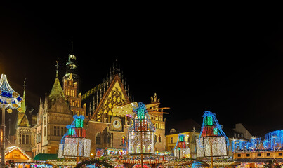 Night view of the Old Gothic town hall in Wroclaw (Breslau). A Christmas time. Poland