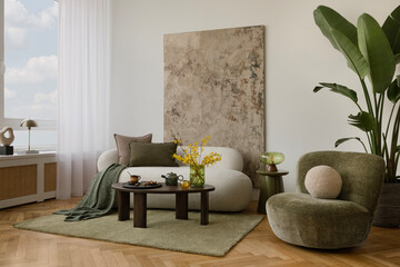 Light-filled interior with white curved sofa, abstract textured mock up wall art and green velvet...