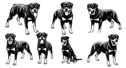 Rottweiler portraits in various poses exhibit the breed's powerful build and unique markings, showcasing canine beauty in multiple full-body illustrations, silhouette