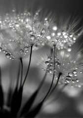 Fototapeta premium Monochrome close-up of dandelion seed heads, glistening with dew drops, contrasting dark background and highlighted seeds