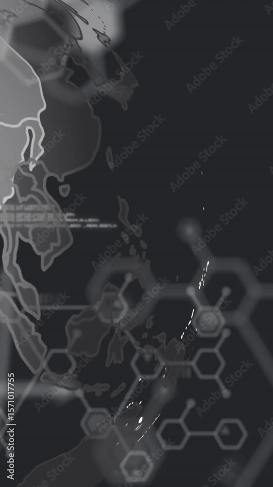 Aufkleber animation of computer language and molecule structures over rotating globe on black background