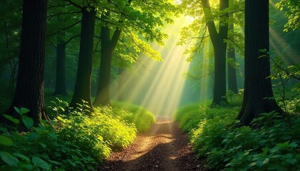 Obraz premium Sun-Dappled Forest Path A Magical Summer Journey Through Lush Green Foliage