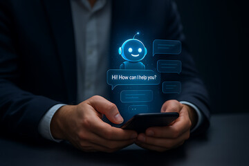 AI bot, chatbot interface, ChatGPT style, virtual assistant, blue robot avatar, friendly AI, smartphone screen, conversational AI, smart assistant, mobile chatbot, digital helper, AI interaction, chat