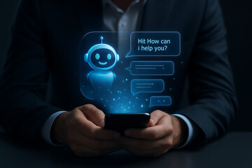 AI bot, chatbot interface, ChatGPT style, virtual assistant, blue robot avatar, friendly AI, smartphone screen, conversational AI, smart assistant, mobile chatbot, digital helper, AI interaction, chat