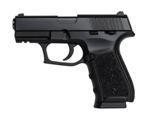 A robust black semi-automatic pistol with a textured grip is displayed, emphasizing its intricate design.