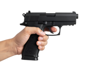 A human hand holds a sleek, dark pistol, with the finger positioned on the trigger mechanism.