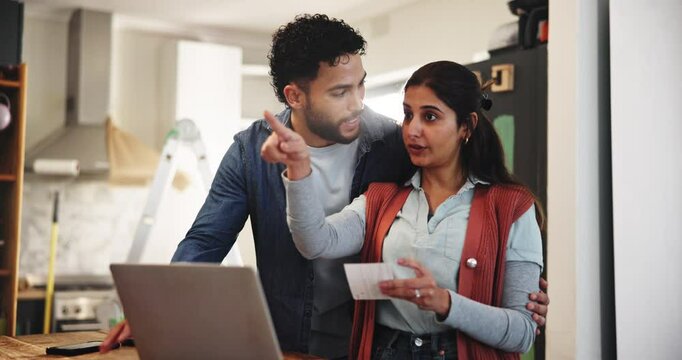 Laptop, swatch and renovation with couple in home for paint choice, real estate development or diy. Remodeling discussion, property project and maintenance with man and woman for online idea