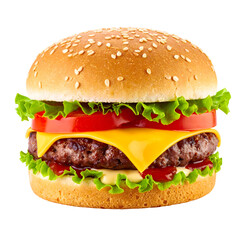 Delicious burger with sesame seed bun, melted cheese, lettuce and tomato