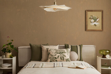Stylish bedroom with green and beige bedding, botanical cushions, round side table holding a plant...