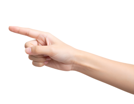 A slender human hand extends an index finger forward, poised for interaction or direction.