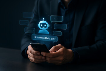 AI bot, chatbot interface, ChatGPT style, virtual assistant, blue robot avatar, friendly AI, smartphone screen, conversational AI, smart assistant, mobile chatbot, digital helper, AI interaction, chat