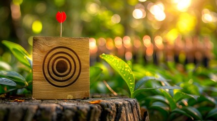 Wooden block with target icon and human icons representing customer relationship management focus