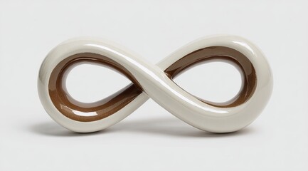 Off-white, glossy infinity symbol sculpture with a brown inner core, cast in a smooth, continuous form against a light grey backdrop