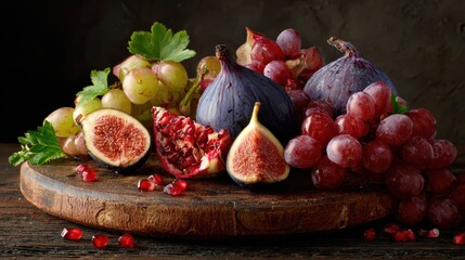 Fresh figs, grapes, and pomegranate served on rustic wooden board