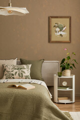 Modern bedroom interior with decorative cushions, botanical mock up prints, hanging sculptural lamp and personal accessories. Earthy colors.