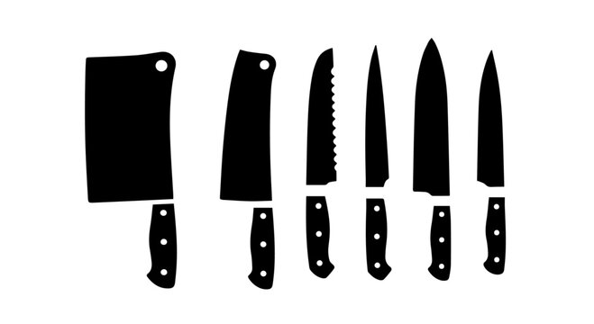 Culinary tools silhouette set, kitchen knives and cleavers, representing a cook's collection with various blade shapes.