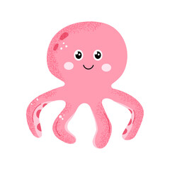 Cute pink octopus character in flat style. Sea animal vector illustration. Isolated on white.