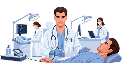 Illustration of a team of medical specialists treating a male patient on a hospital bed using digital monitoring. Medical team performing a clinical procedure with patient monitoring technology in a m