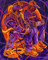 Vibrant abstract depiction of human figures expressing emotion through colorful artistry