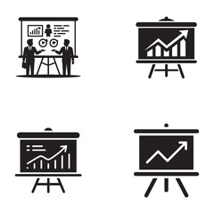 Four black presentation board icons with charts and figures graph arrow