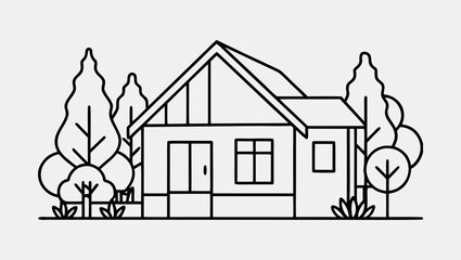 One Line Drawing of Eco Village House with Garden Trees