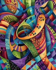 Vibrant abstract artwork featuring stylized human figures in bold colors and expressive forms