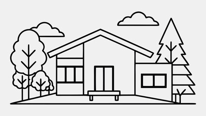 Minimalist One Line Art of Green Home in Natural Village Setting
