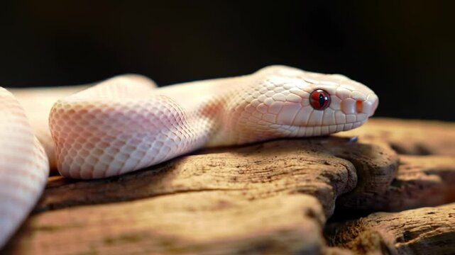 White and yellow snake resting calmly on brown wooden log

