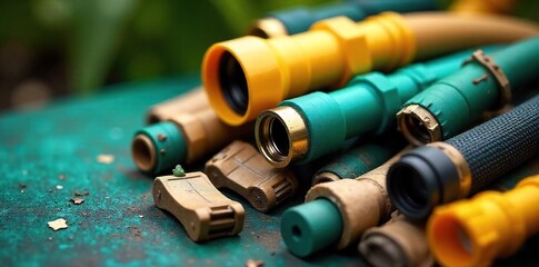 Assembling Garden Hose Components A Close-Up View of Couplings, Nozzles, and Hoses Ready for DIY Irrigation or Gardening Projects