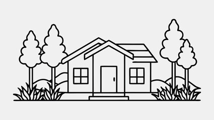 Simple One Line Drawing of Eco-Friendly Home with Garden Trees