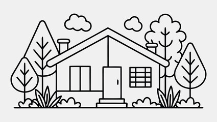 Simple One Line Drawing of Eco-Friendly Home with Garden Trees
