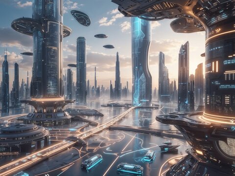 Futuristic AI cityscape 2125 with holographic skyscrapers and flying vehicles