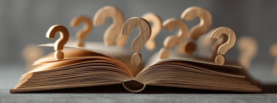 Open book with wooden question marks rising from its pages, suggesting unanswered questions or search for knowledge