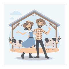 Cheerful Couple Dancing in a Cartoon Farmyard with Cows and Barn