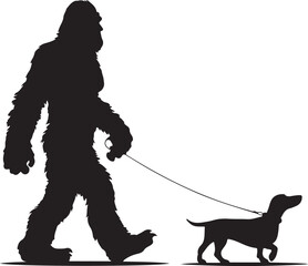 Bigfoot Walking a Dog on a Leash Silhouette Vector Illustration on Transparent Background