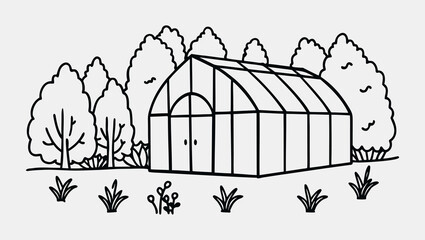 Hand-Drawn Single Line Sketch of Eco Green House with Trees