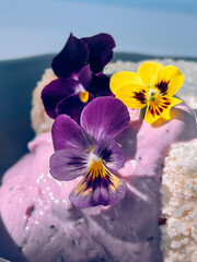 Cottage cheese casserole with blueberry yogurt and edible flowers
