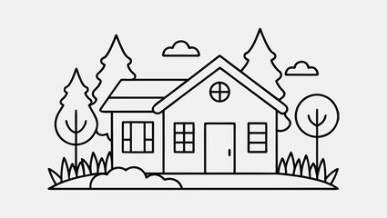 One Line Vector Illustration of Sustainable House in Natural Setting