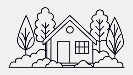Abstract One Line Drawing of Tiny Green House in Garden with Trees