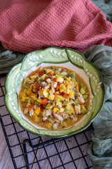 homemade tropical ceviche recipe with mango, shrimp and vegetables