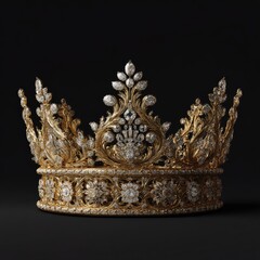 Ornate gold crown encrusted with sparkling diamonds, exhibiting intricate floral designs and a regal presence against a black backdrop