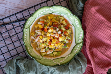 homemade tropical ceviche recipe with mango, shrimp and vegetables