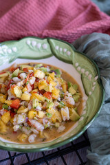 homemade tropical ceviche recipe with mango, shrimp and vegetables