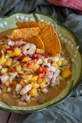 homemade tropical ceviche recipe with mango, shrimp and vegetables