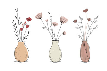 Hand drawn pastel vases with flowers in sketch style with black outline. Cozy floral interior element