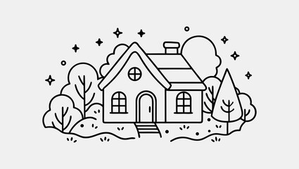 Fototapeta premium Minimalist Vector Continuous One Line Drawing Art of Fantasy Village Home with Dreamy Atmosphere for Kids Coloring Books