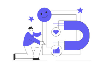 Social media marketing. Character integrating with social media platform and using marketing strategy to increase followers. Digital marketing, media concept. Flat Cartoon Vector Illustration, icon